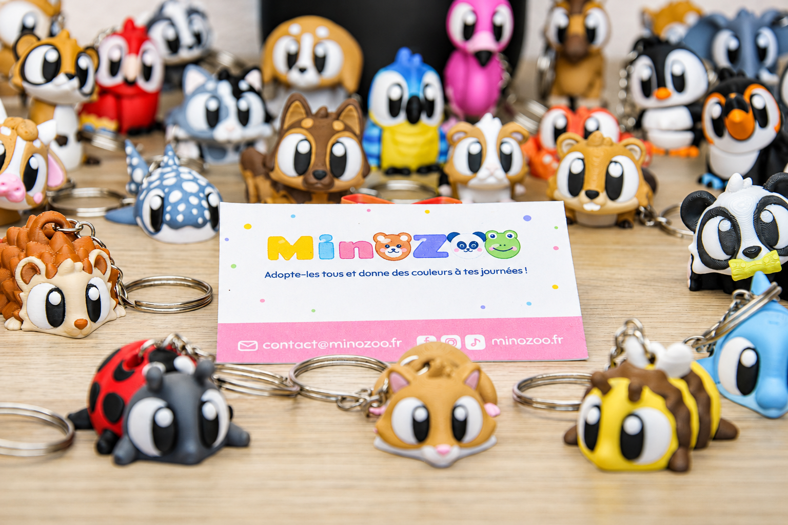 Collection de porte-clés animaux articulés MinoZoo disposés autour de la carte de la marque.