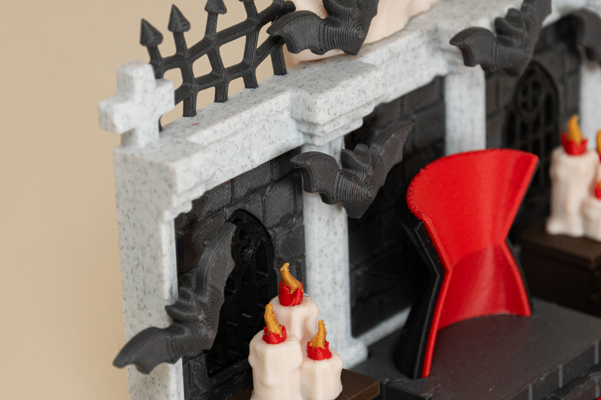 Détail des textures du Repaire de Dracula MinoZoo, avec murs, fenêtre, bougies et chauves-souris.