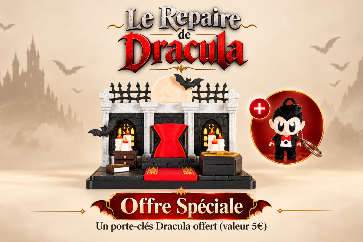 Le Repaire de Dracula, décor miniature gothique avec offre spéciale incluant un porte-clés Dracula offert.