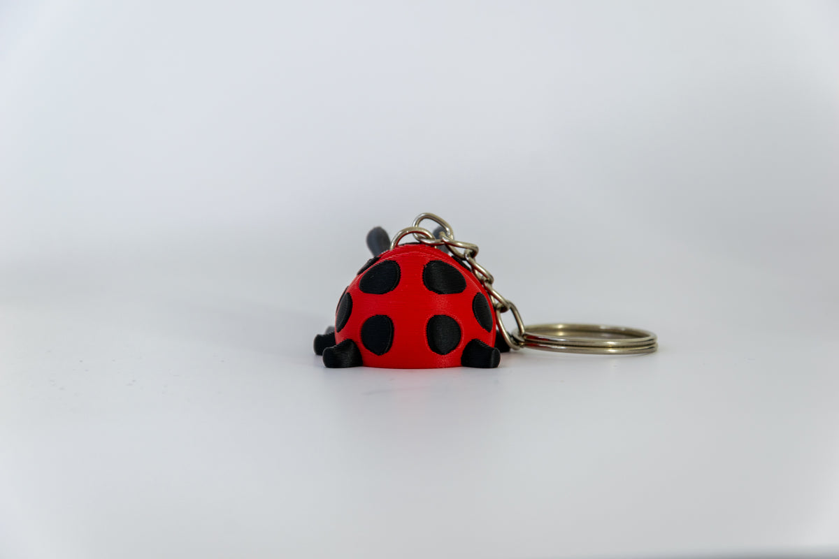 Porte-clés Coccinelle articulé MinoZoo rouge et noir, vue de dos avec élytres à pois et anneau.