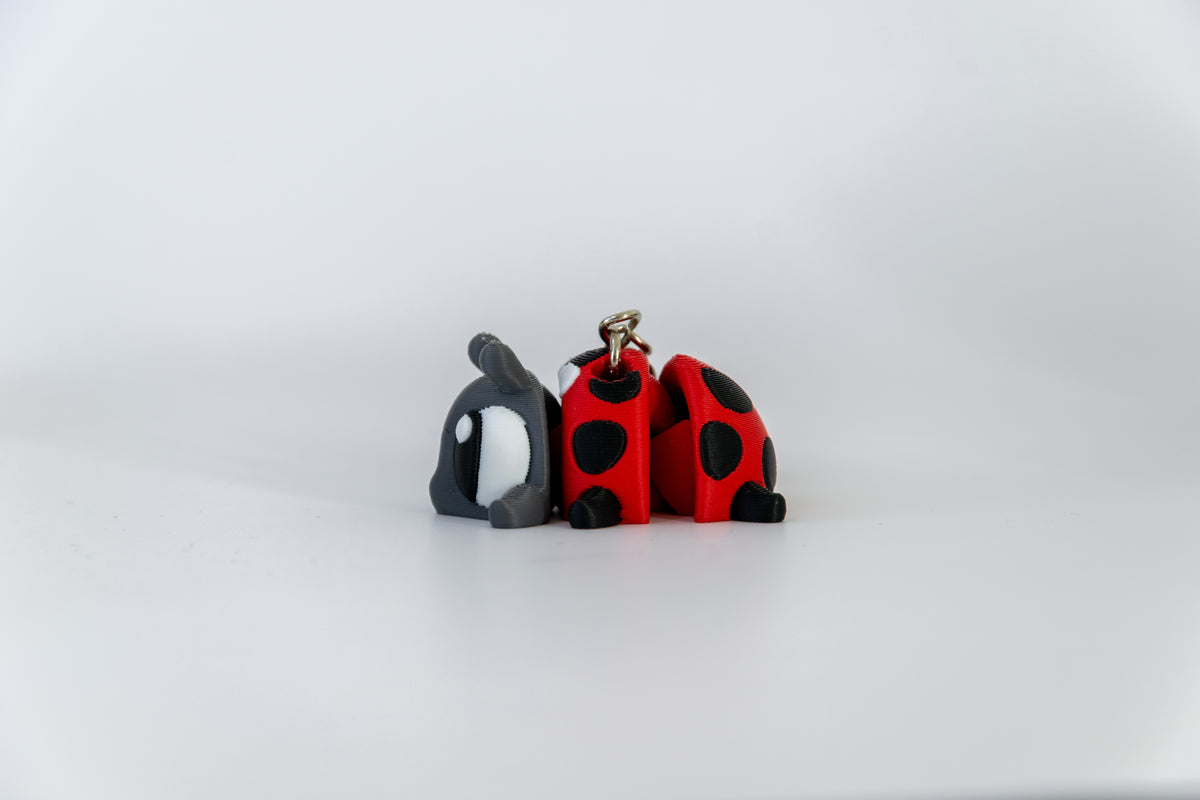 Porte-clés Coccinelle articulé MinoZoo rouge, gris foncé et noir, vue de profil avec segments articulés écartés.