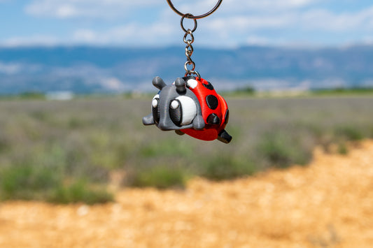 Porte-clés Coccinelle articulé MinoZoo rouge, noir et gris foncé, suspendu de profil par sa chaîne au-dessus d’une prairie.