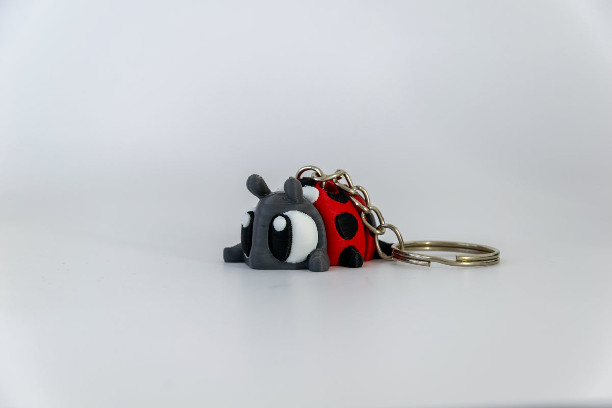 Porte-clés Coccinelle articulé MinoZoo rouge, gris foncé et noir, vue trois quarts avec chaîne et anneau.