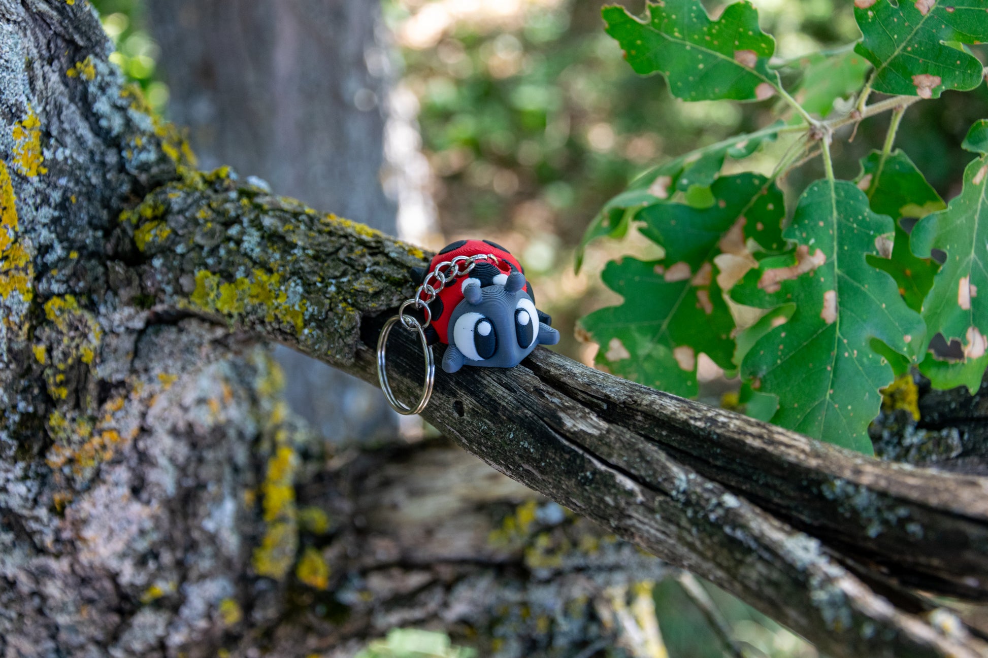 Porte-clés Coccinelle articulé MinoZoo rouge, noir et gris foncé, posé de trois quarts sur une branche de chêne.